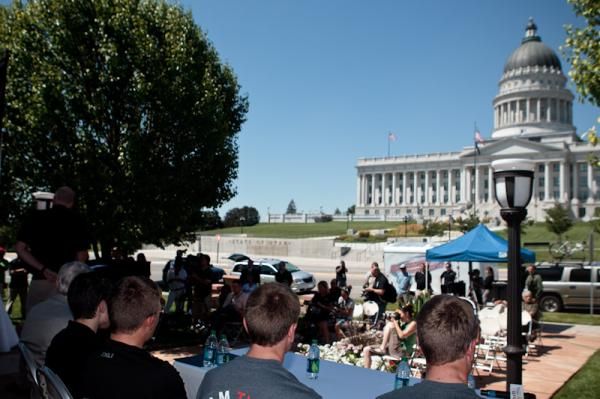 The state capitol building provided the backdrop for the press conference.