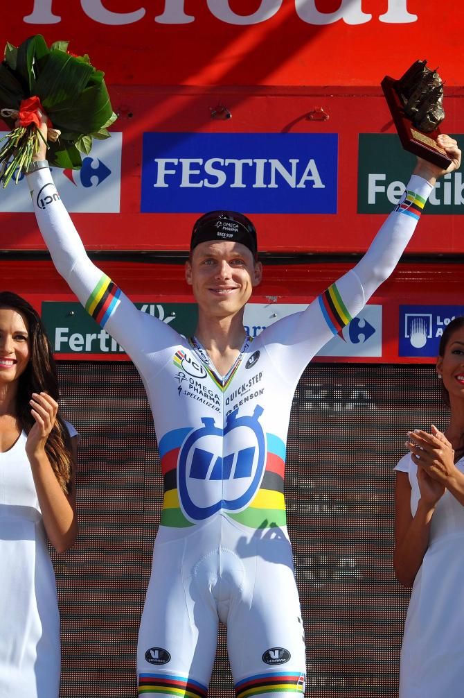 Tony Martin (Omega Pharma-Quickstep) on the podium after winning stage 10 of the Vuelta a Espana