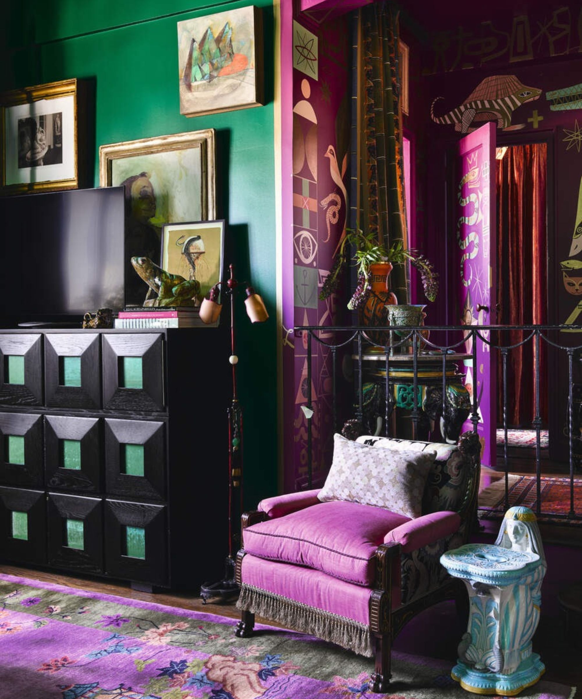 Purple living room with purple chair and screen