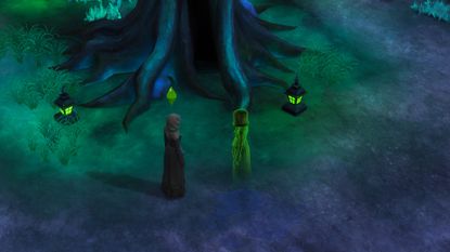 A Sim meets with Alice under the Guardian Tree in The Sims 4