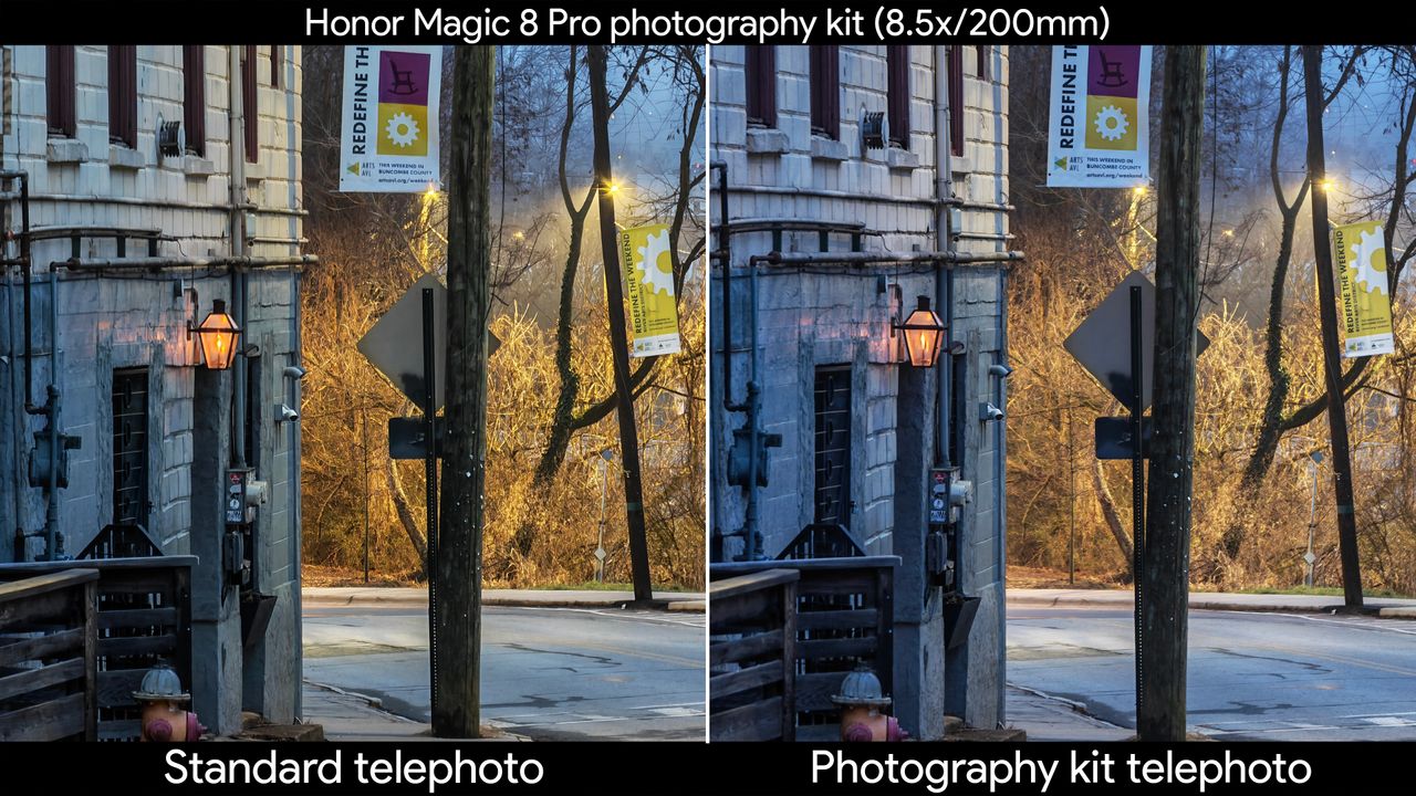 Low light shots comparing the Honor Magic 8 Pro's built-in telephoto lens with the official photography kit's telephoto extender