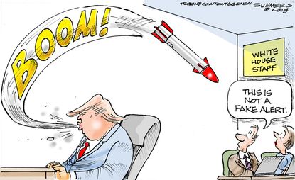 Political cartoon U.S. Trump nuclear missiles Hawaii false alarm White House chaos fired