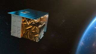 a cube-shaped satellite wrapped in gold foil floats above Earth