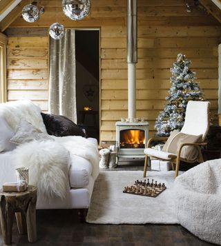 Chalet-style living room with Christmas decorations