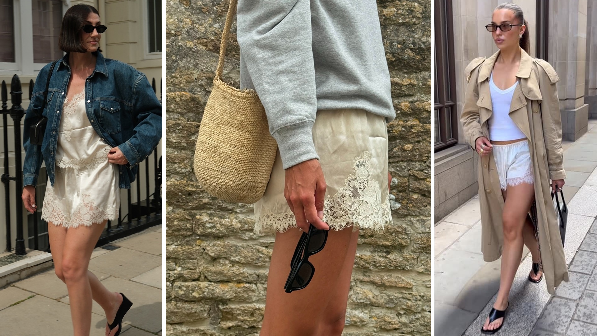 Fashion collage of three style influencers wearing the lace-trim silk shorts trend for 2026.