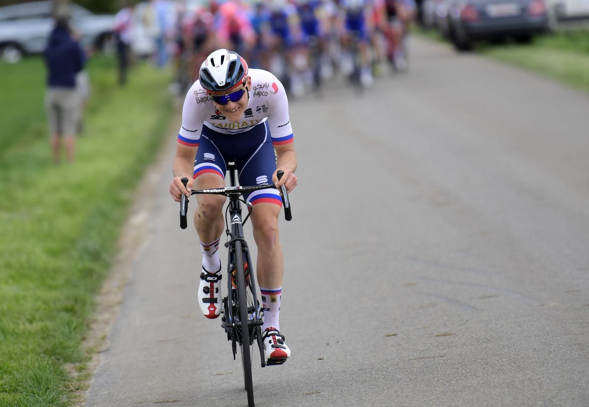 Matej Mohoric (Bahrain-Merida) on the attack at Fleche Wallonne.
