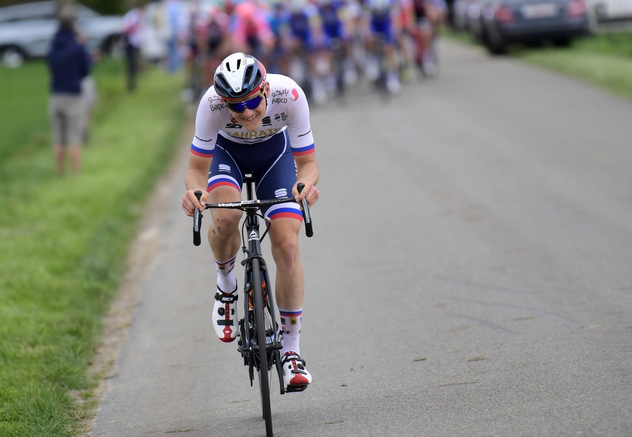 Matej Mohoric (Bahrain-Merida) on the attack at Fleche Wallonne.