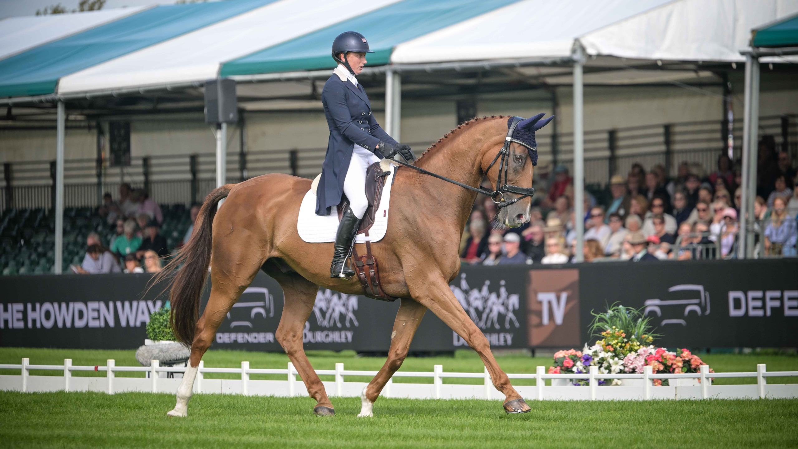 Mary Edmundson wearing a navy tailcoat rides a medium trot on her horse, Lionel II, during her dressage test at the 2026 Burghley Horse Trials.