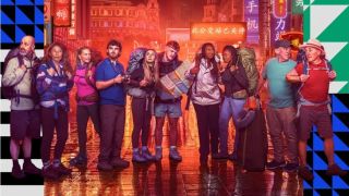 Our ten backpack wearing travelers line up against an urban backdrop of neon lights as they prepare to embark on their pan-Asian race to win £20,000 in Race Across the World Season 5.