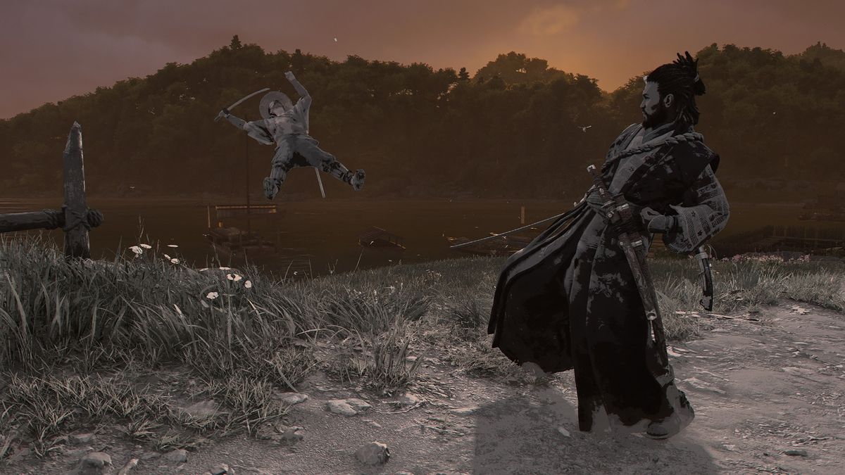 Assassin&#039;s Creed Shadows screenshot of an enemy falling backwards through the air away from Yasuke who&#039;s just performed a War Kick