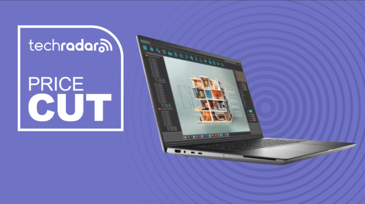 Dell Precision 5690 on a purple background next to a TechRadar badge reading 'Price Cut'