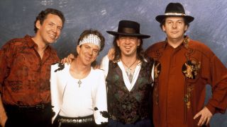 Photo of DOUBLE TROUBLE (SRV) and Stevie Ray VAUGHAN; with Double Trouble. L to R. Reese Wynans, Chris Layton, Stevie Ray Vaughan, Tommy Shannon