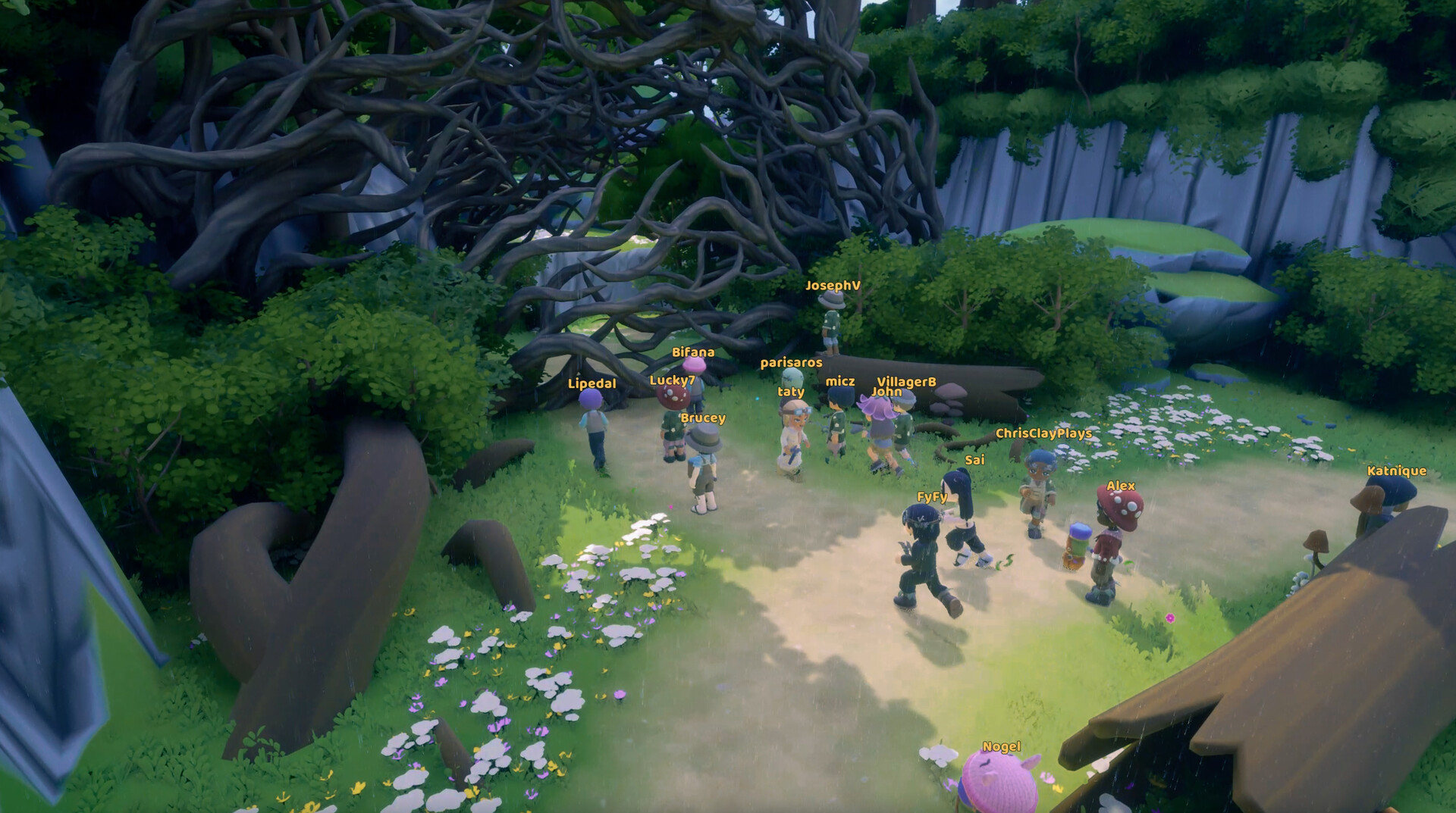Adventuring in Loftia with a bunch of friends looking at a thorn covered walkway