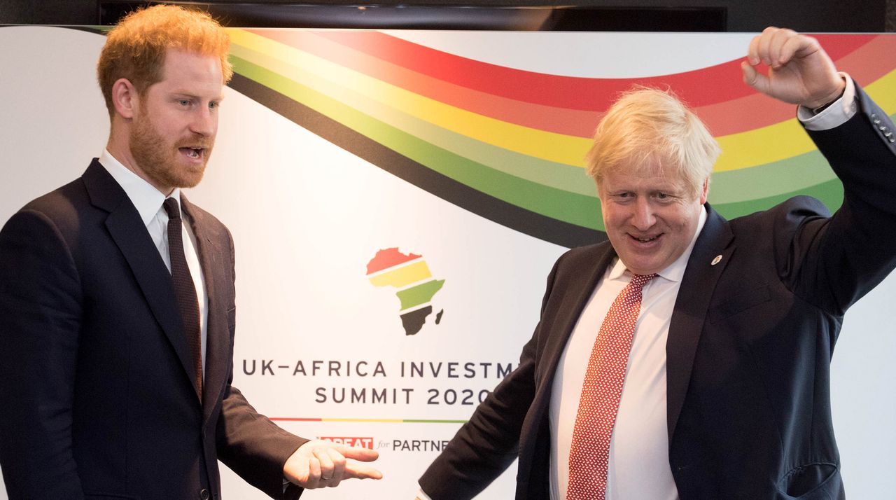 Prince Harry talks with Britain&#039;s Prime Minister Boris Johnson during a bilteral meeting at the UK-Africa Investment Summit in London on January 20, 2020. 