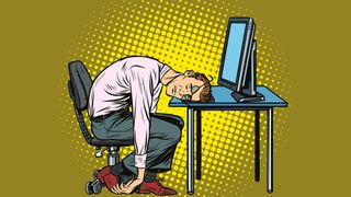 A cartoon of a man in business wear collapsed at his desk from fatigue