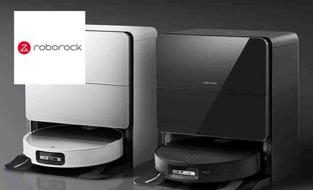 Roborock logo top left with an image of two robovaccums