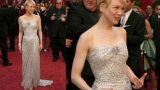 Renee Zellweger wearing a white gown with silver beadwork on the oscars red carpet
