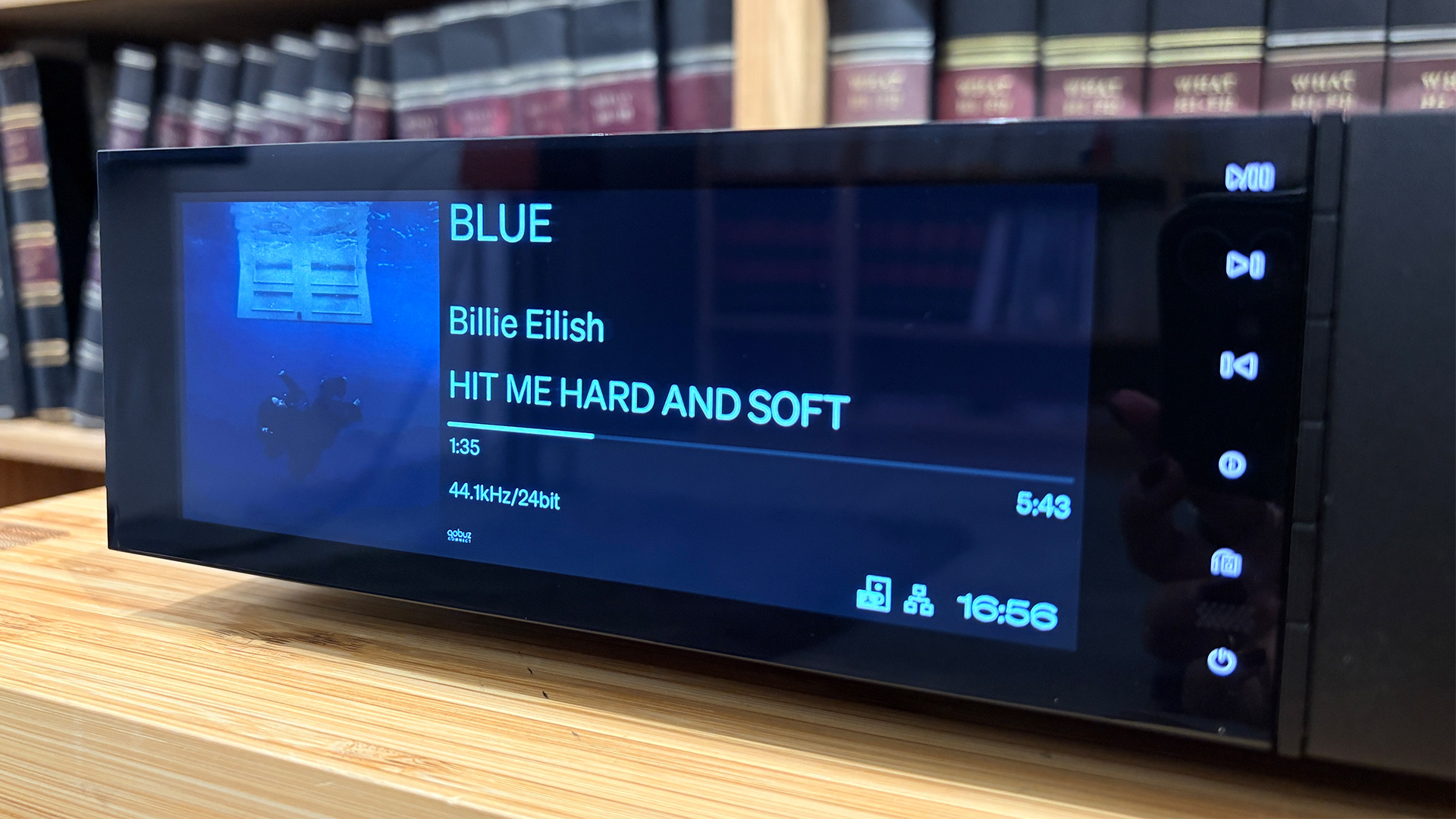 Cambridge Audio Evo 150 SE music streamer showing Billie Eilish Blue on front panel display