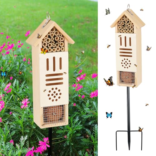 Wooden Insect House, Bee House With Metal Stake for Garden, Natural Ladbugs Habitat &amp;amp; Butterfly Hotel on the Ground or Hanging on Tree Wall (pine, 3.34'' X 2.56'' X 11.8'', 11.8'' H Stake)