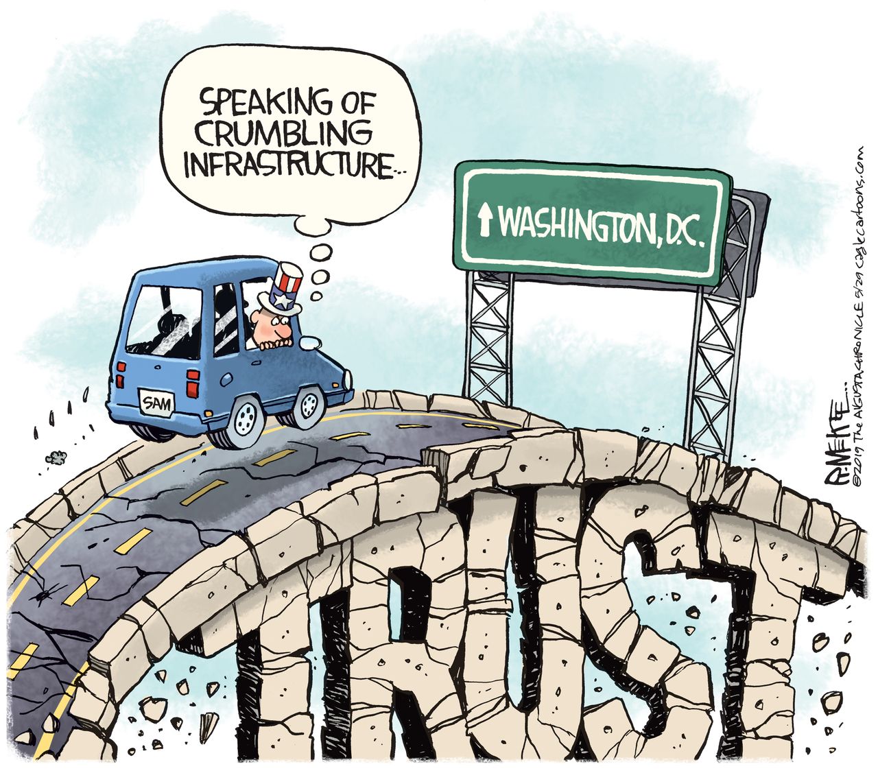 Political Cartoon U.S. Crumbling Infrastructure Washington D.C.