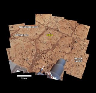 Mars Rover Curiosity's 1st Drill Sample Site (Annotated)