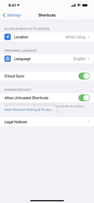 Screenshot showing Shortcuts settings with "About Shortcuts Sharing & Privacy" highlighted and expanding under a tap-and-hold gesture.