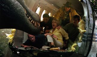 Jurassic Park III Dr. Grant and his fellow survivors trying to hide from a Spinosaurus