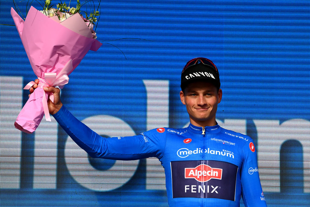 BUDAPEST HUNGARY  MAY 07 Mathieu Van Der Poel of Netherlands and Team Alpecin  Fenix celebrates winning the blue mountain jersey on the podium ceremony after the 105th Giro dItalia 2022 Stage 2 a 92km individual time trial stage from Budapest to Budapest  ITT  Giro  WorldTour  on May 07 2022 in Budapest Hungary Photo by Tim de WaeleGetty Images