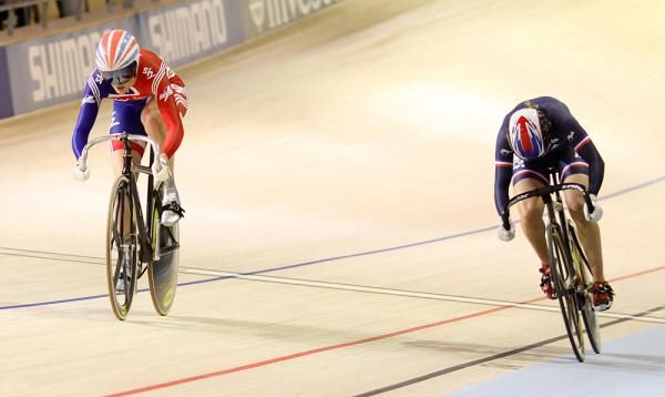 Victoria Pendleton (Great Britain) powers past Clara Sanchez (France) to reach the quarter final in the women's sprint