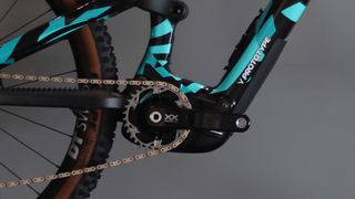 Close up details of the motor and range extender on the Whyte E-Lyte 140 Works e-MTB