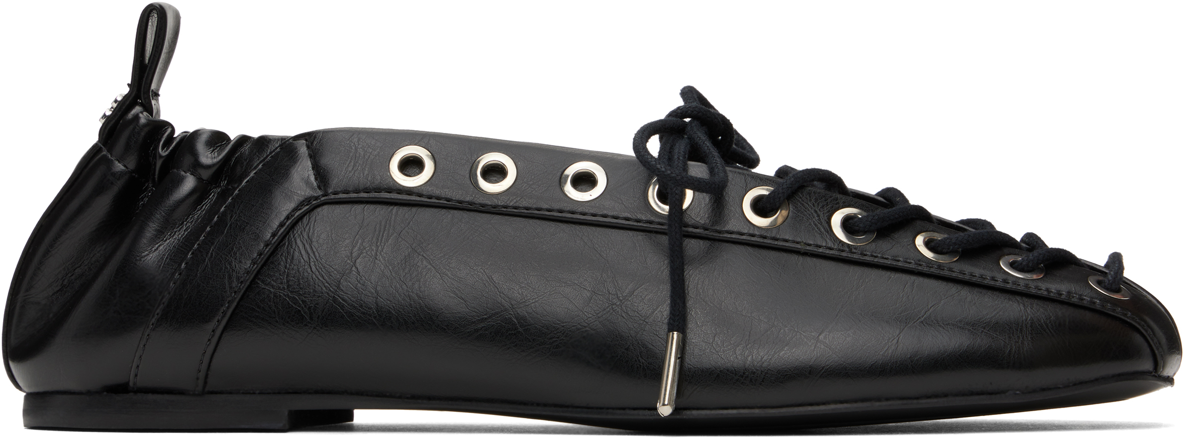 Black Oleatex Lace-Up Ballerina Flats