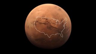 An overlay shows the scale of the United States as compared to Mars.