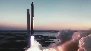 SpaceX's Super Heavy rocket booster launches the Starship interplanetary spacecraft in this still from a SpaceX animation.