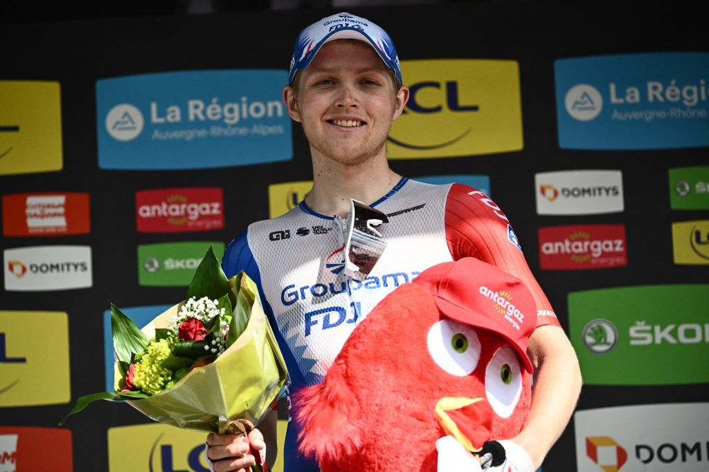 Groupama FDJ teams Australian rider Michael Storer celebrates getting the fighting spirit award at the end of the eighth stage of the 74th edition of the Criterium du Dauphine cycling race 1375 km between SaintAlbanLeysse and Plateau de Solaison on June 12 2022 Photo by Marco BERTORELLO AFP Photo by MARCO BERTORELLOAFP via Getty Images