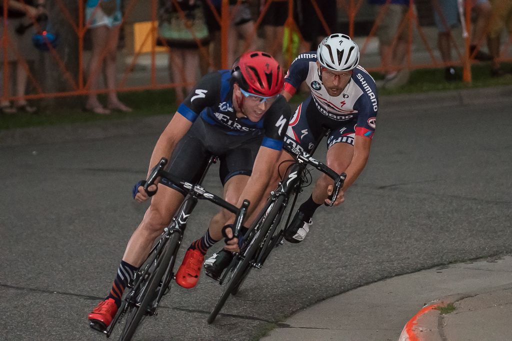 Jesse Kelly (Dallas Racing) and Erik Slack (Canyon Bicycles-Shimano-Specialized) establish a small break that was caught on the bell lap.
