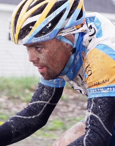 Tour of the Battenkill winner Caleb Fairly, coated with grime.