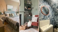 three images of a bedroom, living room and downstairs toilet to show considerations when considering a decorating timeline