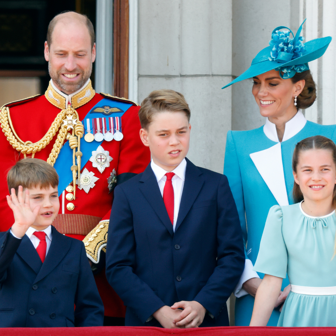 Prince William, Princess Kate, Prince George, Princess Charlotte and Prince Louis standing on the balcony of Buckingham Palace at Trooping the Colour