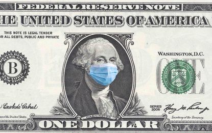 Dollar bill with Washington wearing a medical mask