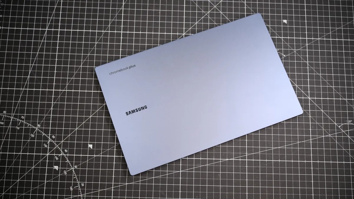 view of top lid of samsung galaxy chromebook plus on a table
