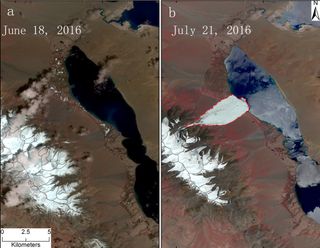 The Aru glacier before and after a massive ice avalanche on July 17, 2016. The debris covered nearly 4 square miles (10 square kilometers).