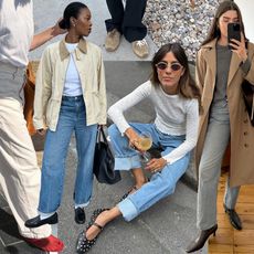 fashion collage featuring style influencers including Lucy Alston, Marilyn Nwawulor-Kazemaks, Debora Rosa, Vicky Montanari, and Anna Newton wearing outfits with jeans and spring 2025 shoe trends