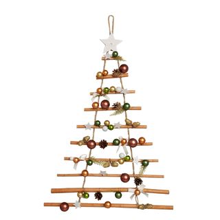 tree ladder with baubles and White ribbon bows