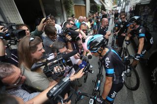 Team Sky's Richie Porte faces the media scrum ahead of Stage 11 (Watson)