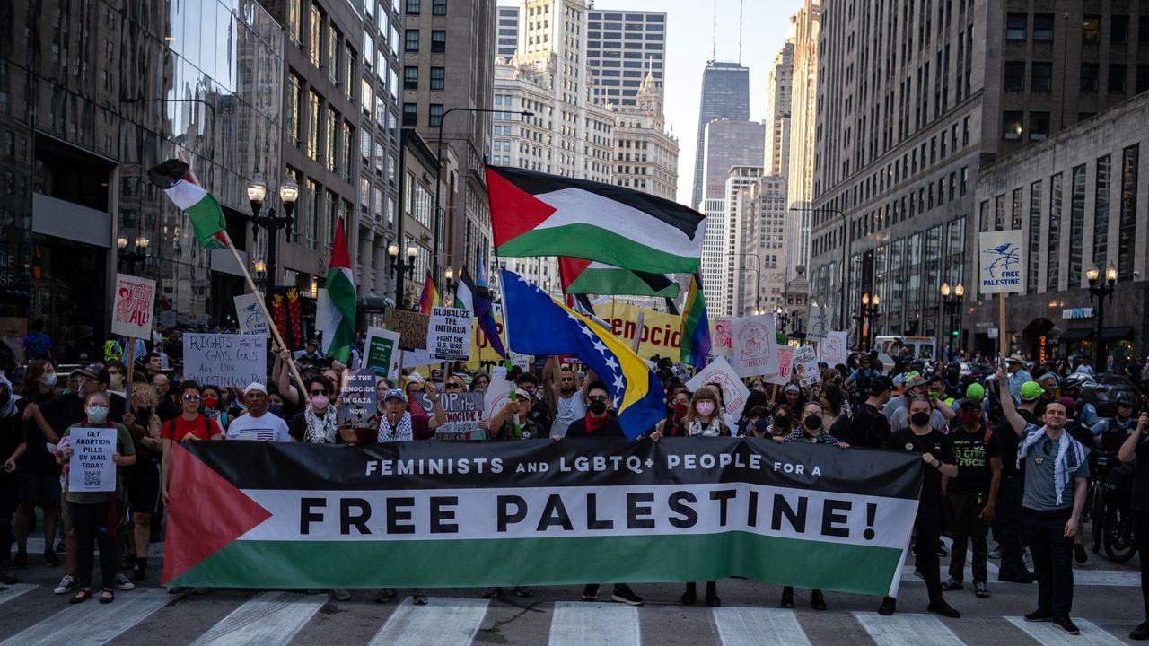 Protesters march during a rally for Palestinians at the 2024 DNC in Chicago.