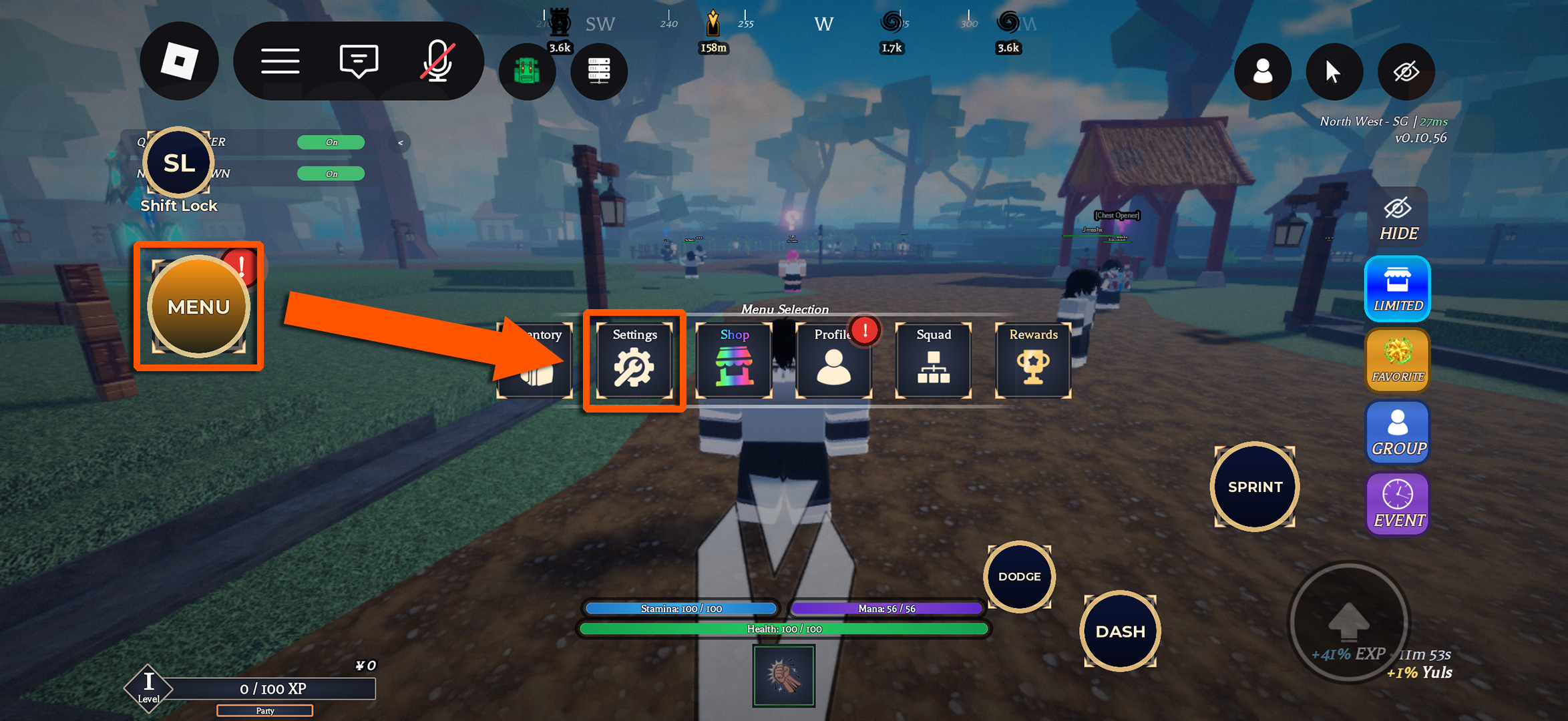 An orange arrow indicating how to open the Settings menu to redeem Clover Time codes