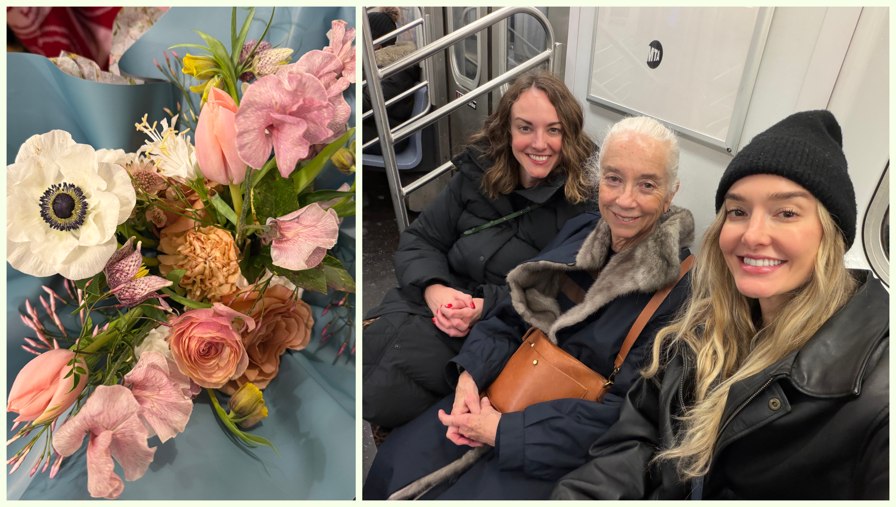 a still life of a flower bouquet next to three women on the subway