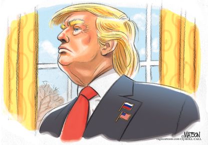 Political Cartoon U.S. President Trump American Russian Flag lapel pin