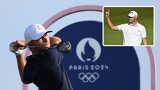 Nicolai Hojgaard at the Paris 2024 Olympic Games with an inset image of twin brother, Rasmus