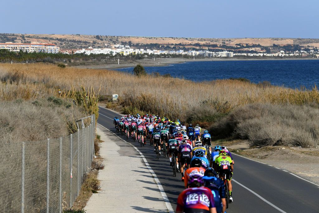 ROQUETAS DE MAR SPAIN FEBRUARY 13 A general view of the peloton passing through Costa de El Ejido landscape during the 35th Clsica de Almera 2022 a 1882km one day race from El Ejido to Roquetas de Mar ClsicaAlmera22 on February 13 2022 in Roquetas de Mar Spain Photo by Tim de WaeleGetty Images